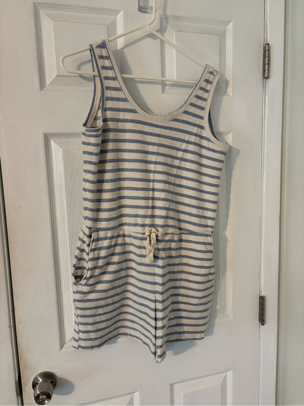 Blue White Striped Terry Cloth Beach Romper Drawstring Pockets M - Picture 6 of 7